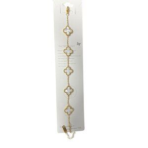 Gold Plated Bracelet With White Clover Charms & Adjustable Chain